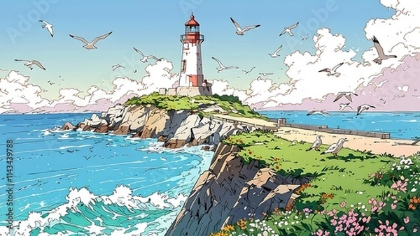 Fototapeta A vibrant lighthouse by the coast with seagulls and colorful flowers, depicting nature's beauty.
