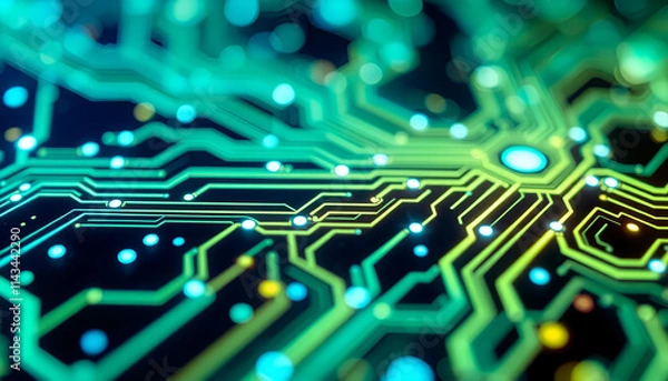 Fototapeta "Close-Up of a Glowing Digital Circuit Board with Intricate Lines and Nodes in Blue and Green Light Accents – Ideal for Technology, Artificial Intelligence, Futuristic Innovation, and Digital Concepts