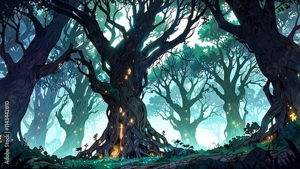 Fototapeta Enchanted forest scene with mystical trees and glowing elements.