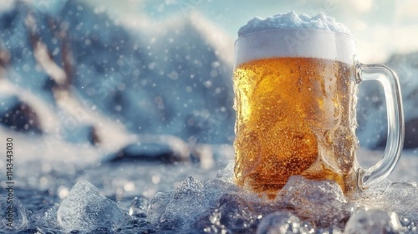 Fototapeta A cold beer sitting atop a mountain of ice, perfect for a hot summer day or a winter wonderland scene
