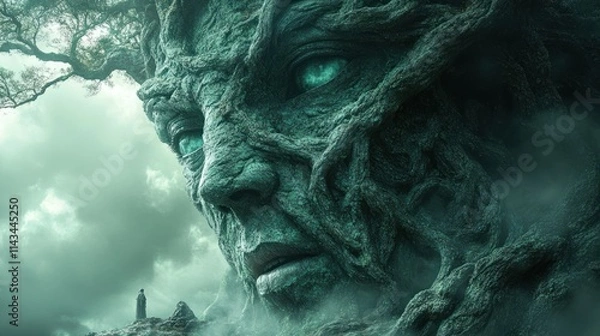 Obraz Ancient tree face, misty landscape, lone figure.