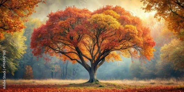 Fototapeta A heart-shaped tree with gnarled branches and vibrant autumn leaves stands tall in a serene forest landscape, autumn forest, forest scenery