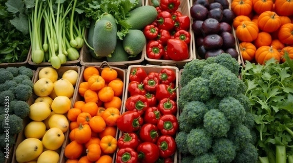 Fototapeta An overhead shot of colorful fresh vegetables in a farmer's market setting.