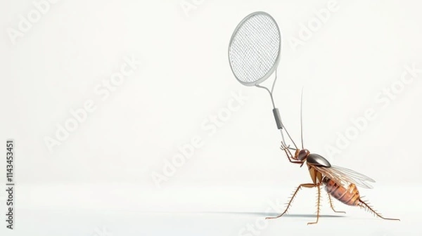 Obraz A fly swatter hitting a cockroach in a 3D cartoon style, set against a simple white background. A playful and dynamic depiction of pest control with exaggerated movements and vibrant design.