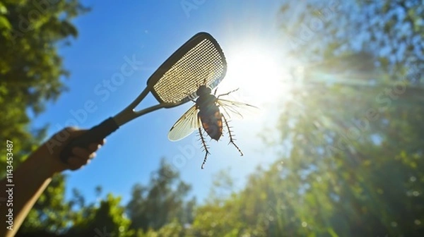 Obraz A fly swatter hitting a cockroach in a 3D cartoon style, set against a simple white background. A playful and dynamic depiction of pest control with exaggerated movements and vibrant design.