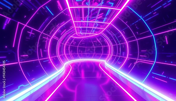 Fototapeta "Abstract Glowing Tunnel with Futuristic Neon Light Patterns in Purple, Blue, and Pink Tones – Immersive Sci-Fi Digital Art Background Perfect for Technology, Gaming, and Futuristic Visuals"