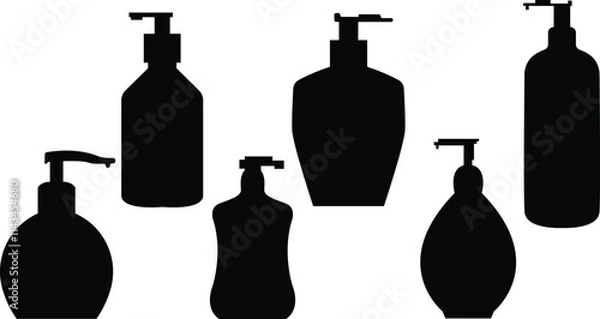 Fototapeta Hand sanitizer plastic bottles in different shapes ,Pump bottle icon vector silhouette isolated on transparent background fit for liquid soap bottles, antiseptic, antibacterial, hand sanitizer 