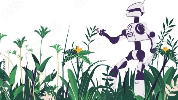 Fototapeta A sleek robot interacting with a vibrant natural environment, symbolizing the union of technology and ecosystems. Clean and illustrative design. AI generated.