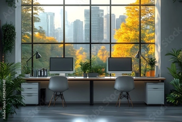 Fototapeta indoor, desk, horizontal, no people, furniture, photography, room, apartment, creativity, floor, laptop, pen, window, working, ideas, neat, contemporary, monitor, notebook, open, order, organization,