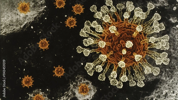 Fototapeta Microscopic depiction of coronavirus like viral particles, showcasing intricate structures and details. This highlights complexity of viral forms in scientific context