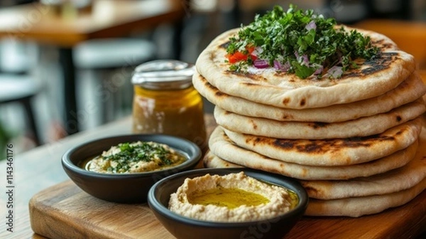 Obraz Mediterranean Pita with Hummus and Dip: A Flavorful Feast