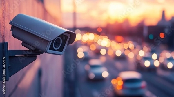 Fototapeta Surveillance camera overlooking a busy road at sunset.