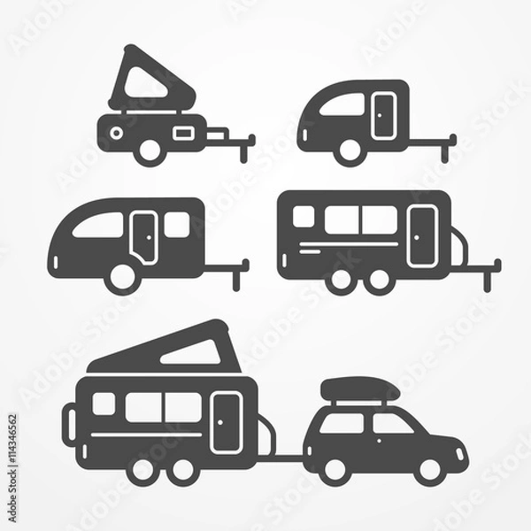 Obraz Set of camping trailer icons. Travel trailer symbols in silhouette style. Camping trailers vector stock illustration. Five trailers with camping equipment.