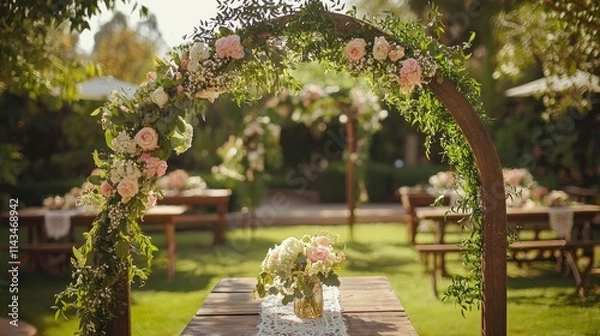Fototapeta A charming garden wedding featuring a wooden arch entwined with flowers, rustic tables with lace runners, and natural lighting enhancing the serene atmosphere.