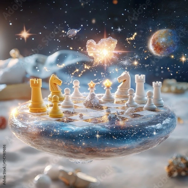 Fototapeta Surreal Chessboard in Cosmic Space with Stars and Planets Around