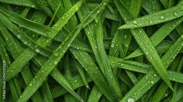 Obraz Close-Up of Fresh Green Grass Blades with Sparkling Dew Drops in Natural Light, Capturing Nature's Beauty and Detail, Ideal for Landscape and Nature Photography Projects