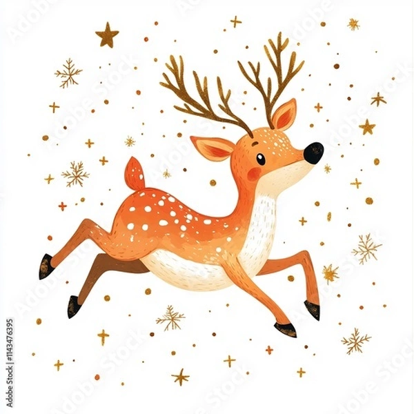 Obraz Joyful Reindeer Soaring Through Starry Skies in Whimsical Cartoon Style