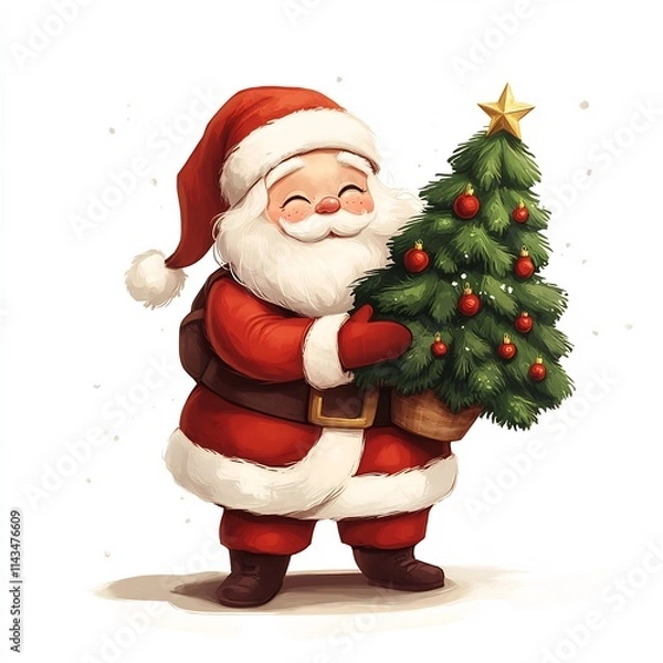Obraz Smiling Santa Claus Carrying A Small Christmas Tree On His Shoulder In Cartoon Style