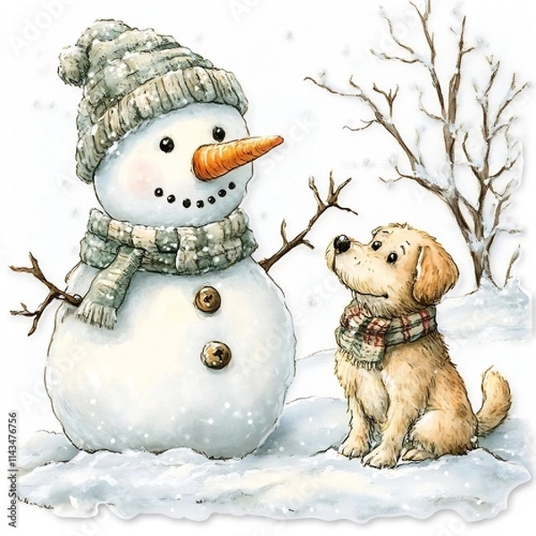 Obraz Adorable Snowman and Snow Pup Playing Together in Snowy Yard
