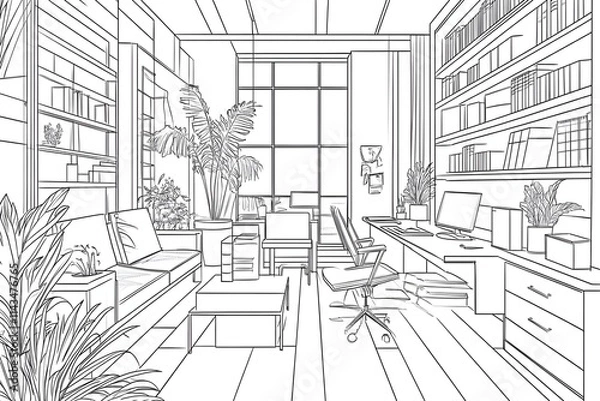 Fototapeta Office background with abstract elements such as office chairs and desk items.  A minimalist office space with white walls, simple furniture, and clean lines. The desk is clutter-free, line art vector