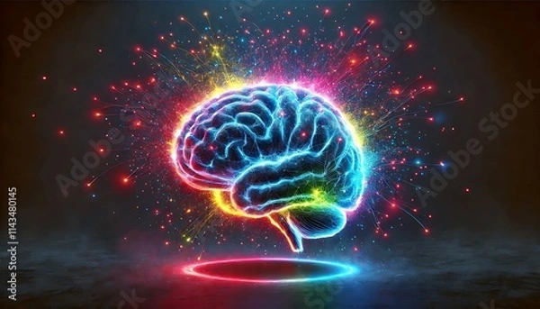 Fototapeta Abstract Colourful Human Brain explosion .Modern Science Neural Network Intelligence and Creativity, imagination ideas, innovation, and mental strength, abstract art