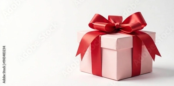 Fototapeta A gift box adorned with a large red ribbon in front of a plain white background, decorative, ribbon, red