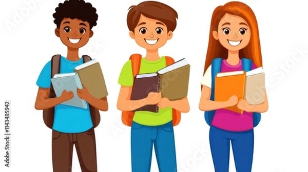Fototapeta A group of three students standing together, each holding notebooks, smiling cheerfully, isolated on white