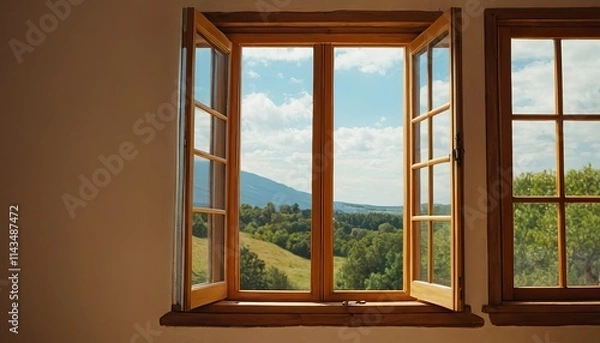 Fototapeta A window open with a view of a beautiful green valley
663
