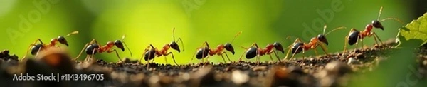Fototapeta A group of ants marching in single file along a trail of leaves, insects foraging, outdoor exploration, insect trail