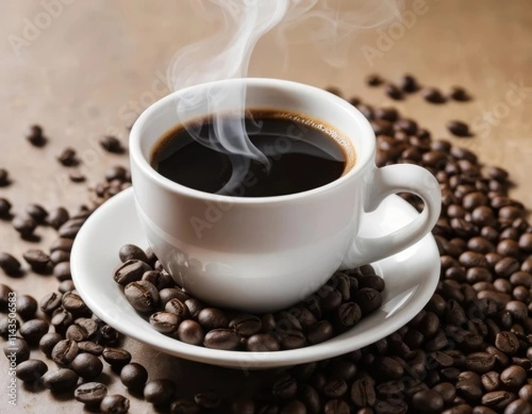 Obraz Steaming Cup of Coffee with Roasted Beans