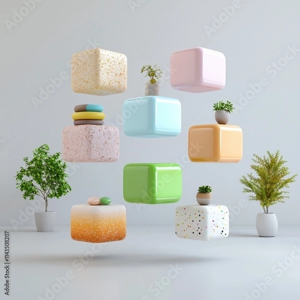 Fototapeta Floating Colorful Cubes with Plants in Minimalist Interior Setting