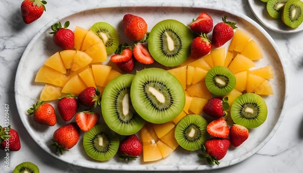 Fototapeta "Top-Down View of a Neatly Arranged Platter with Sliced Kiwis, Melons, Strawberries, and Citrus Fruits Artfully Placed on a Marble Surface – Fresh and Vibrant Fruit Presentation"
