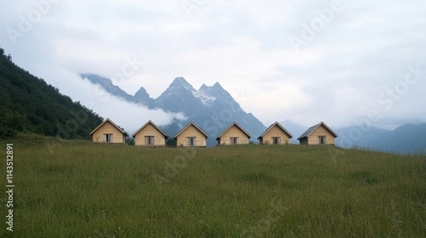Fototapeta A serene landscape featuring five wooden cabins nestled in a vast green field with mountains shrouded in mist in the background.