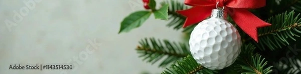 Obraz A white golf ball-shaped Christmas ornament placed on top of a mini Christmas tree, red ribbon, festive decor, holly leaf