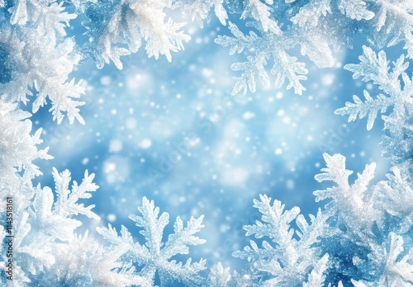 Fototapeta Beautiful Frosted Snowflakes Framing a Soft Blue Background for Winter or Holiday-Themed Designs, Illustrations, and Seasonal Displays in High Quality