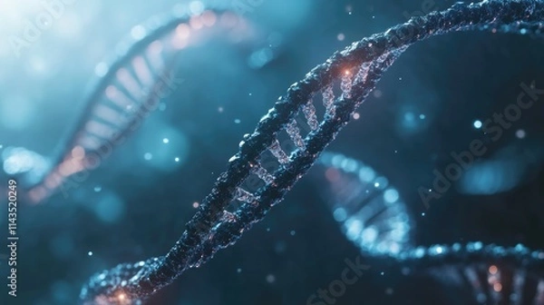 Fototapeta DNA Double Helix: Microscopic view of a DNA double helix.  Intricate details highlighted in a glowing blue hue. Perfect for science, technology, and medical related projects.