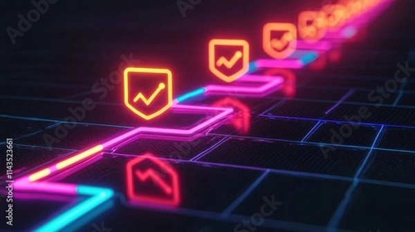 Fototapeta Neon Data Protection Concept with Shield and Growth Graphs