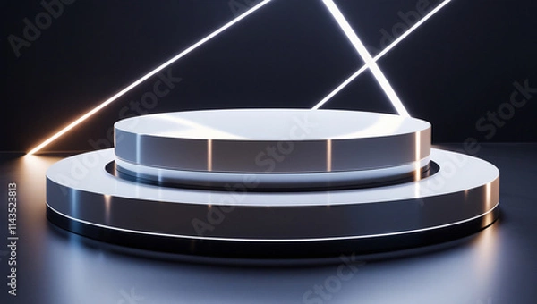 Fototapeta 3D rendering white circular podium on neon black background