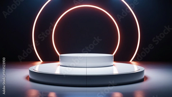 Fototapeta 3D rendering white circular podium on neon black background