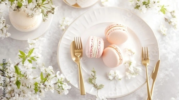Fototapeta Elegant pastel macarons on white plates with gold cutlery, surrounded by delicate flowers Romantic and sophisticated setting