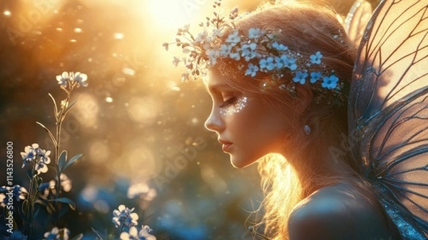 Obraz Ethereal female fairy in glowing golden light amidst flowers