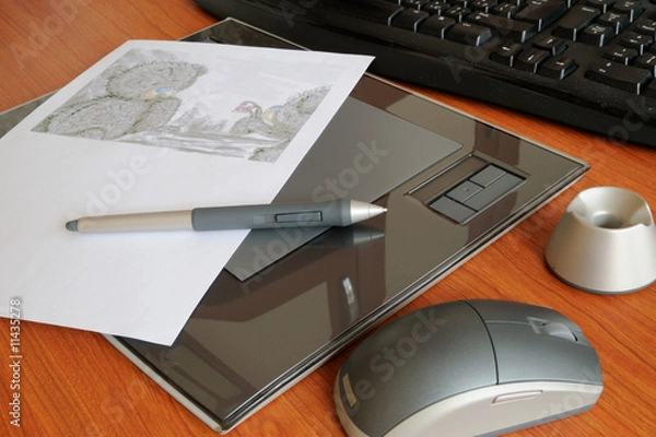 Fototapeta Graphic tablet with pen and mouse