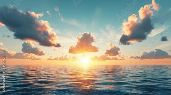 Fototapeta A breathtaking sunrise over a tranquil ocean, the rising sun casting warm, golden rays across the water and creating a mesmerizing sunburst.
