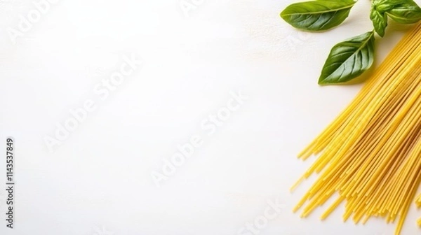 Fototapeta A bundle of uncooked spaghetti noodles accompanied by fresh basil leaves on a light background, perfect for Italian cooking.
