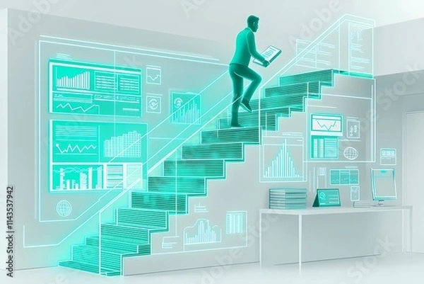 Fototapeta Man Climbing Transparent Stairs with Digital Graphs and Data Display
