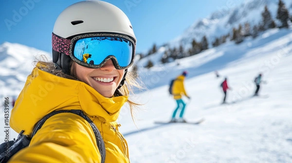 Fototapeta Australian woman snowboarding with helmet and goggles at slope snow mountain