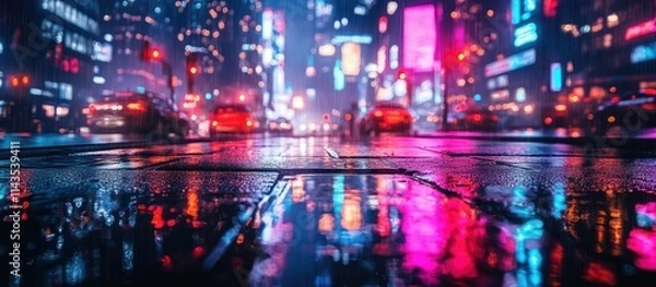 Fototapeta Wet asphalt reflects neon city lights on a rainy night.