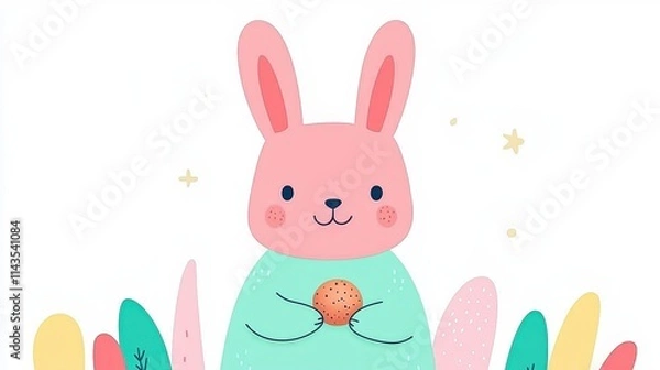 Fototapeta A cute, cartoon-style rabbit with pink ears and a green body holds a small orange in a colorful, whimsical setting filled with abstract plants.