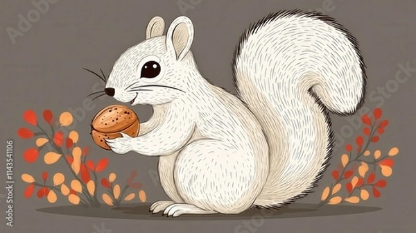 Fototapeta A cute, cartoon-style illustration of a squirrel holding an acorn, surrounded by colorful autumn leaves. The image conveys a playful and whimsical nature theme.