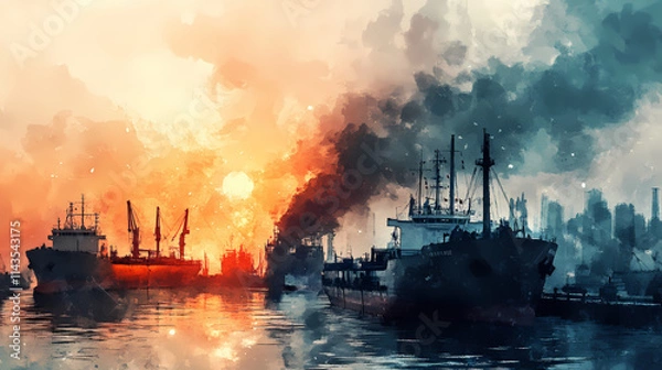 Fototapeta Watercolor painting depicting cargo ships in a busy harbor with a dramatic sky, capturing the essence of maritime trade and industry. Harbor. Illustration